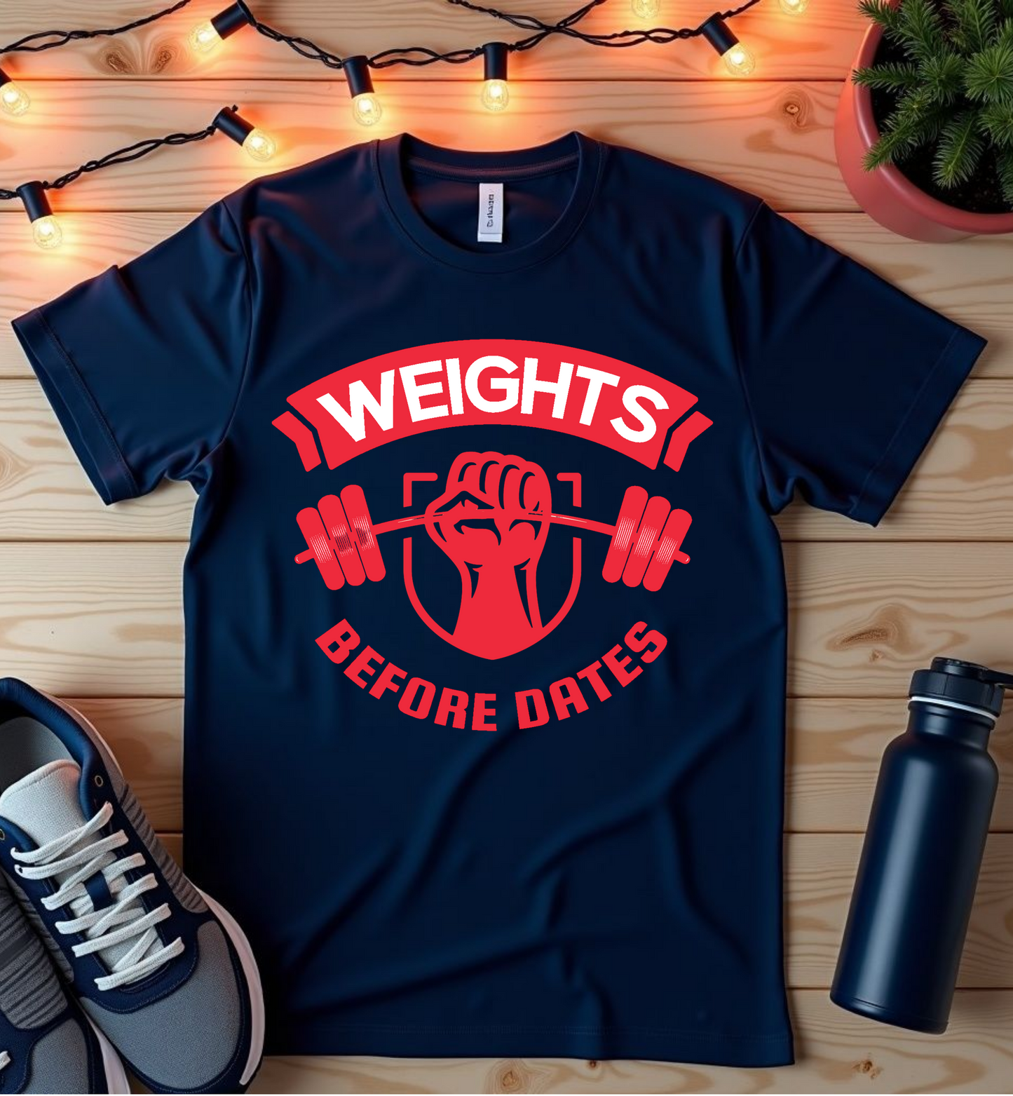 Weights Before Dates T-Shirt — Funny Gym Workout Tee for Fitness Lovers