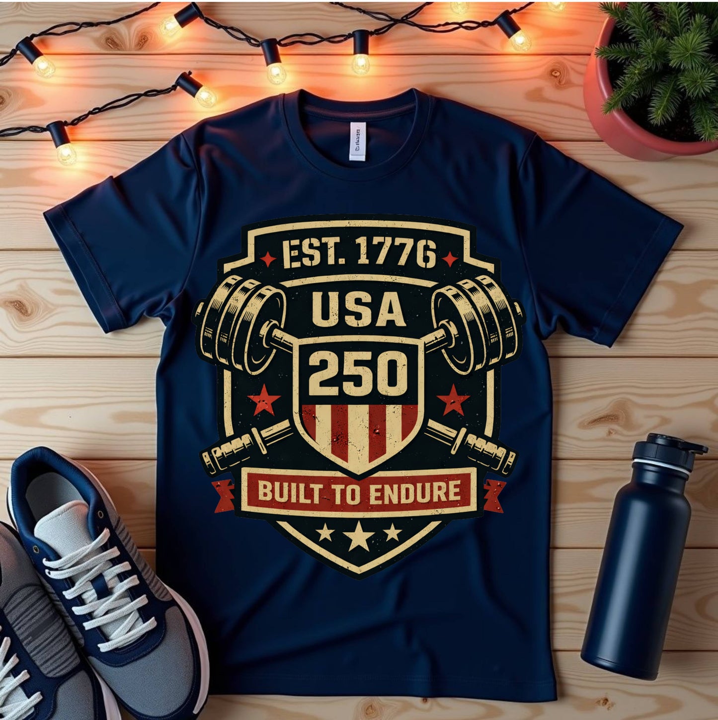 USA 250 'Built to Endure' Weightlifting T-Shirt — Est. 1776 Patriotic Fitness Tee