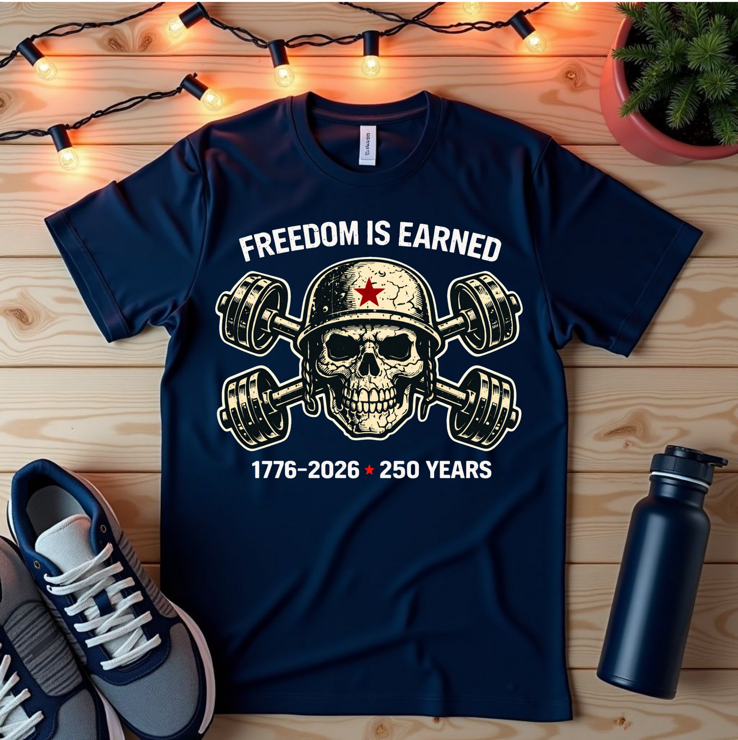Freedom Is Earned Skull Tee — 1776–2026 250 Years Patriotic Fitness T-Shirt