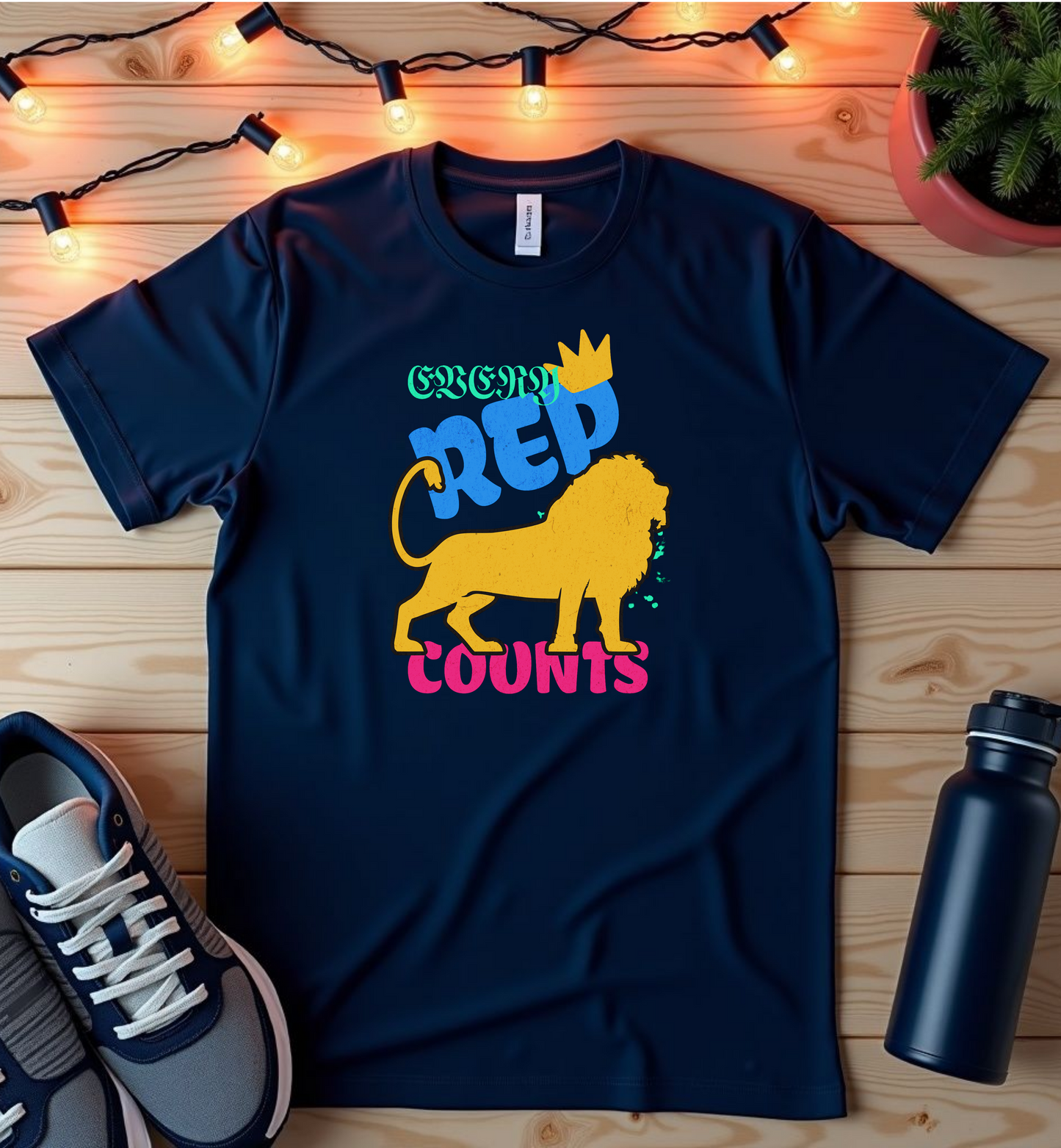 Rep Counts Lion T-Shirt — 'Every Rep Counts' Fitness Tee with Crown Graphic