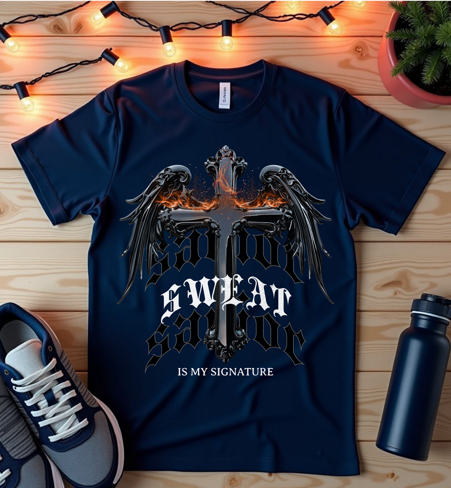 T-Shirt — 'Sweat Is My Signature' Gothic Cross Fitness Tee