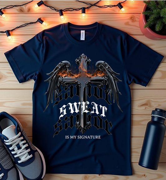 T-Shirt — 'Sweat Is My Signature' Gothic Cross Fitness Tee