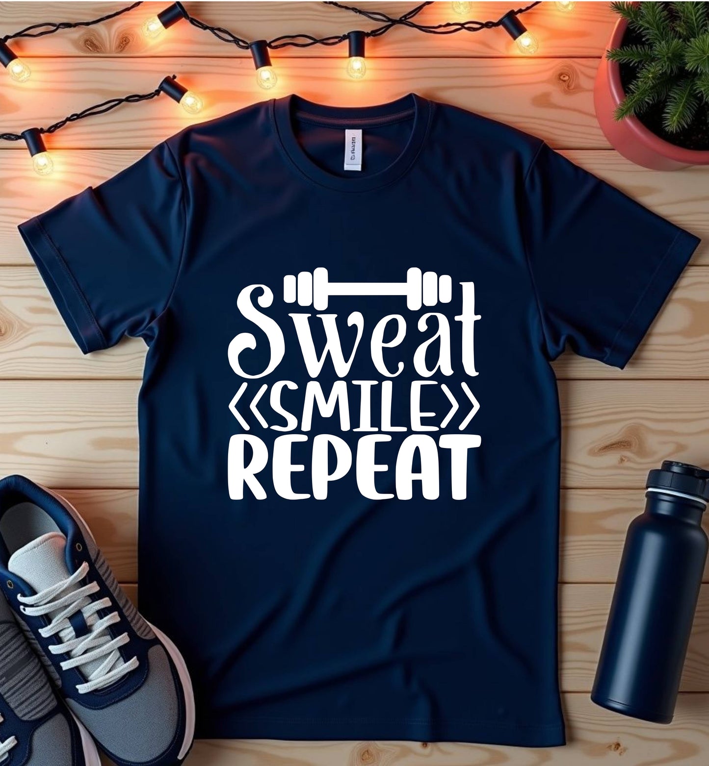 Workout T-Shirt — "Sweat Smile Repeat" Motivational Gym Tee
