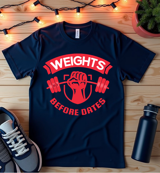 Weights Before Dates T-Shirt — Funny Gym Workout Tee for Fitness Lovers