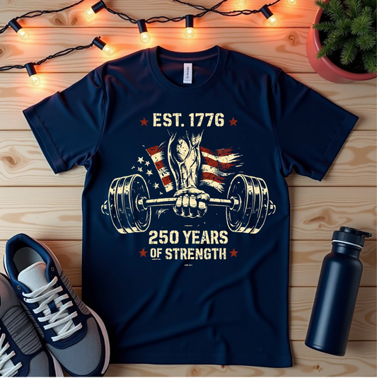 1776 Flag Weightlifting T-Shirt — "250 Years of Strength" Patriotic Gym Tee