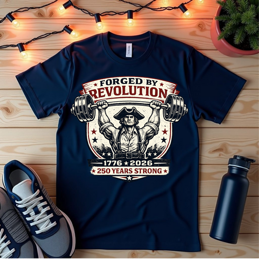 Revolution Weightlifter T-Shirt — "Forged by Revolution 1776–2026" Patriotic Gym Tee