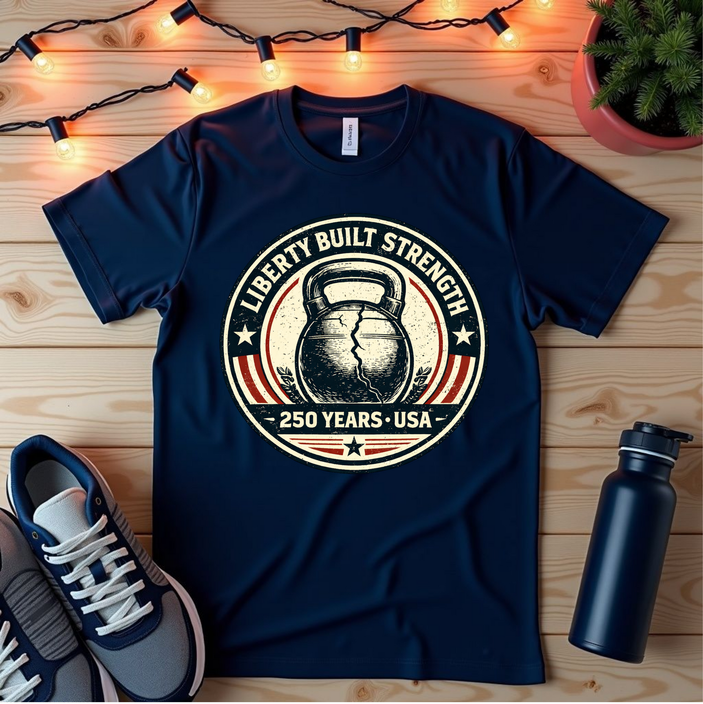 Liberty Built Strength Kettlebell T-Shirt — 250 Years USA Vintage Fitness Tee