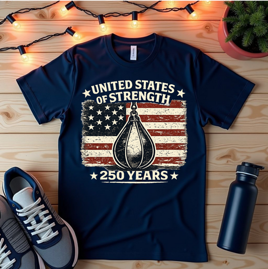 T-Shirt — "United States of Strength 250 Years" American Flag Boxing Speed Bag Vintage Tee