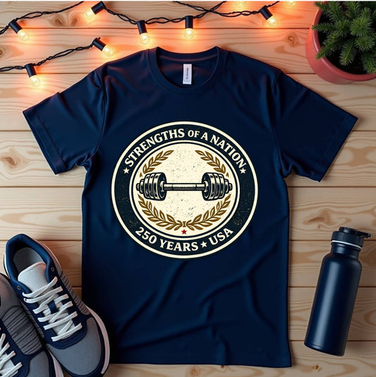 Strengths of a Nation Barbell T-Shirt — USA 250 Years Fitness Tee