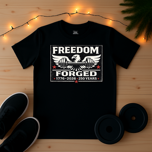 Freedom Forged T-Shirt — Patriotic 250th Anniversary Eagle Fitness Tee