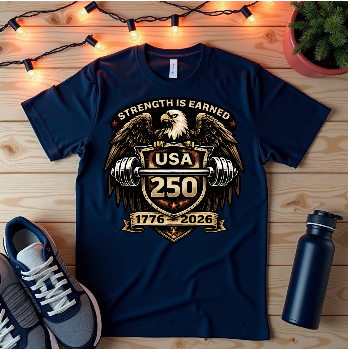 USA 250 Strength Is Earned T‑Shirt — 1776–2026 Eagle Weightlifting Anniversary Tee