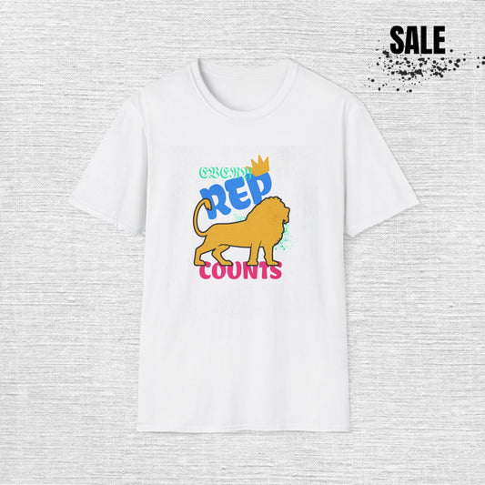 Rep Counts Lion T-Shirt — 'Every Rep Counts' Fitness Tee with Crown Graphic