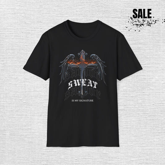 T-Shirt — 'Sweat Is My Signature' Gothic Cross Fitness Tee