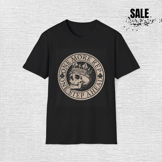 Skull Crown Tee - "One More Rep One Step Ahead" Fitness Gym T-Shirt
